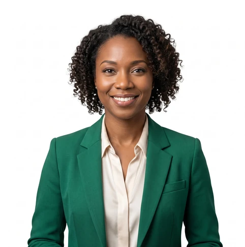 Professional headshot of a smiling woman in a green blazer and white blouse, neutral background
